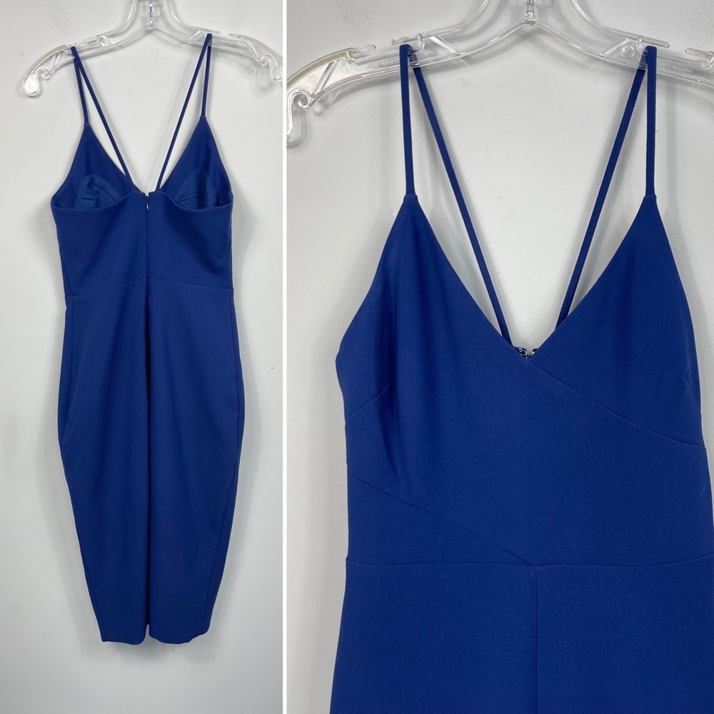 LIKELY Brooklyn Cocktail Dress Blue Midi Bodycon Strappy Sexy Front Slit Revolve - Picture 7 of 16